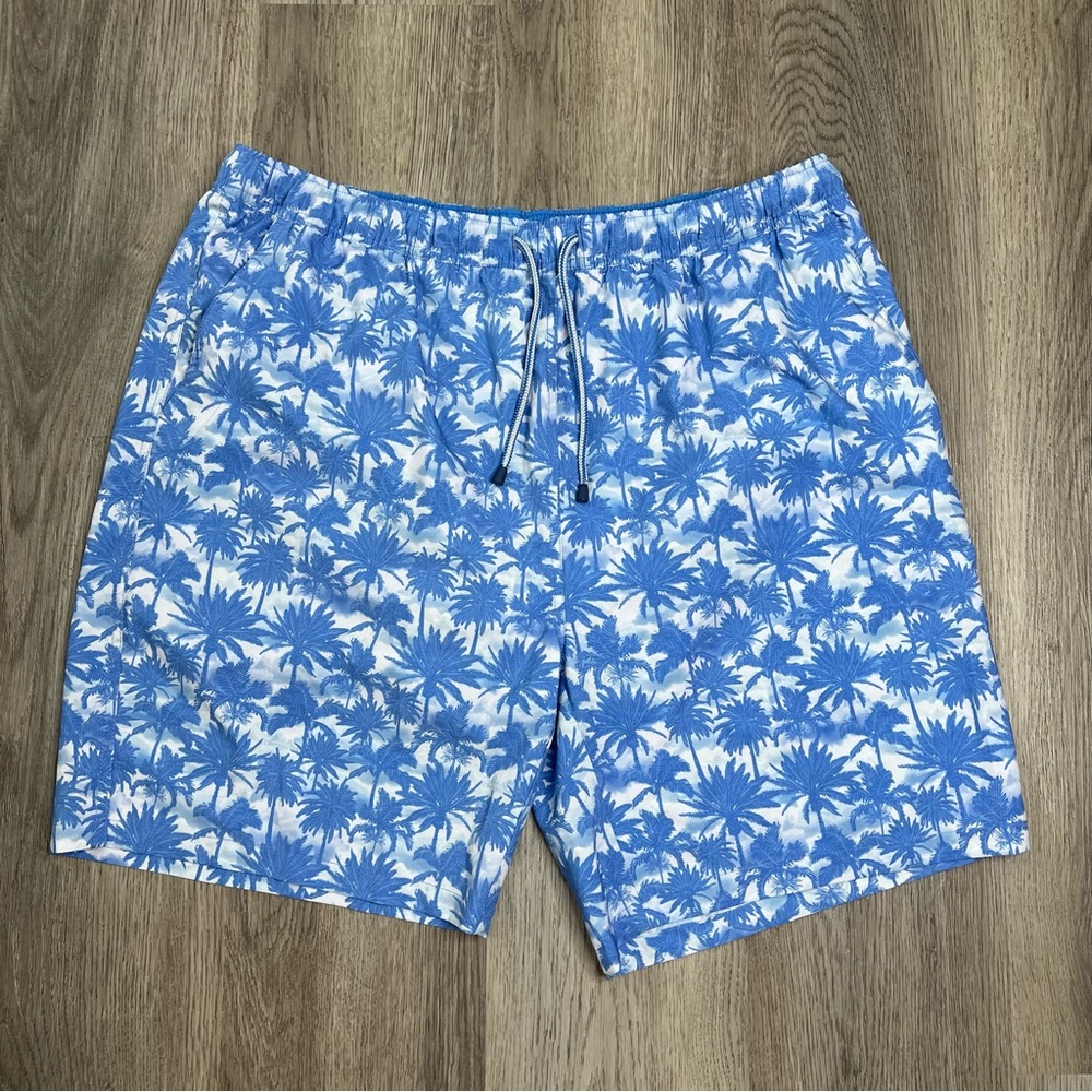 Peter Millar Blue Palm Print Swim Trunks